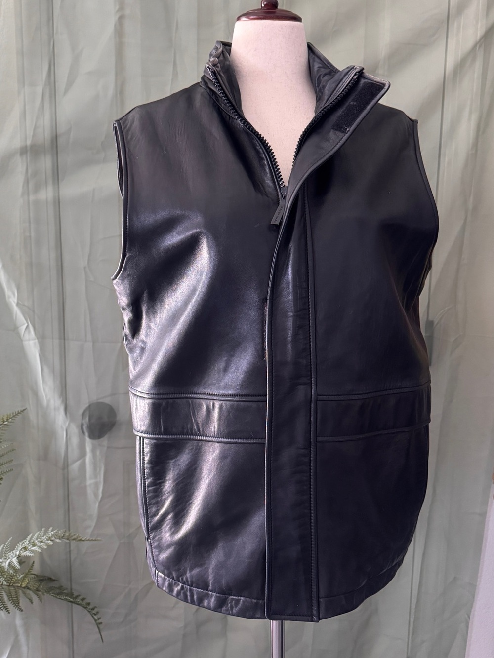 Andrew Marc Black Leather Vest with Hidden Zip Placket